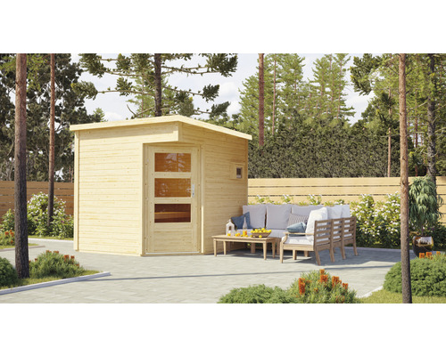 Saunacabine Karibu Pelles inclusief 9 kW kachel en externe bedieningseenheid, zonder voorruimte, met houten deur en geïsoleerd glas, thermisch geïsoleerd.