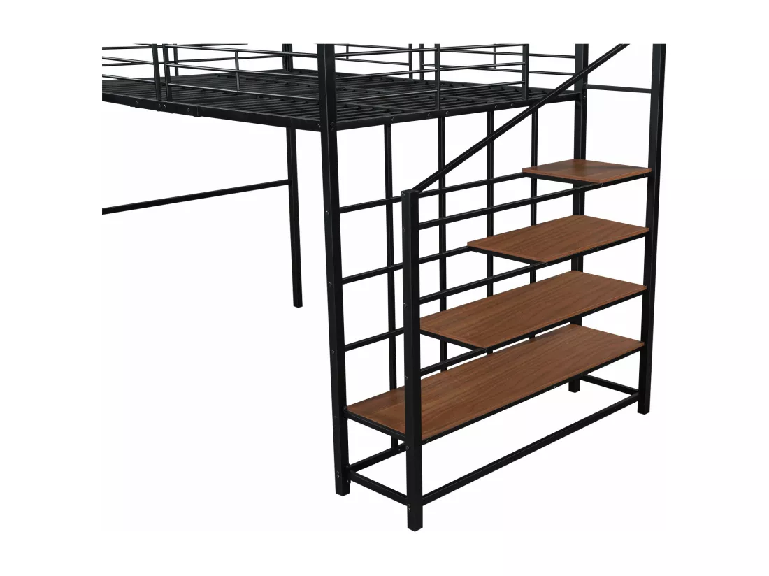 Lit mezzanine 140x200cm en métal - avec étagères et échelle de sécurité - Noir (matelas non inclus)