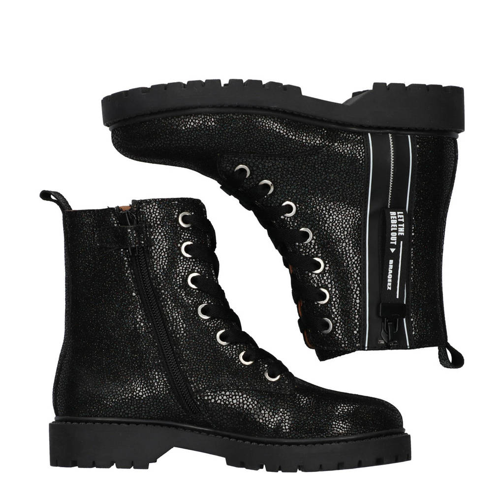 Braqeez leren veterboots zwart multi