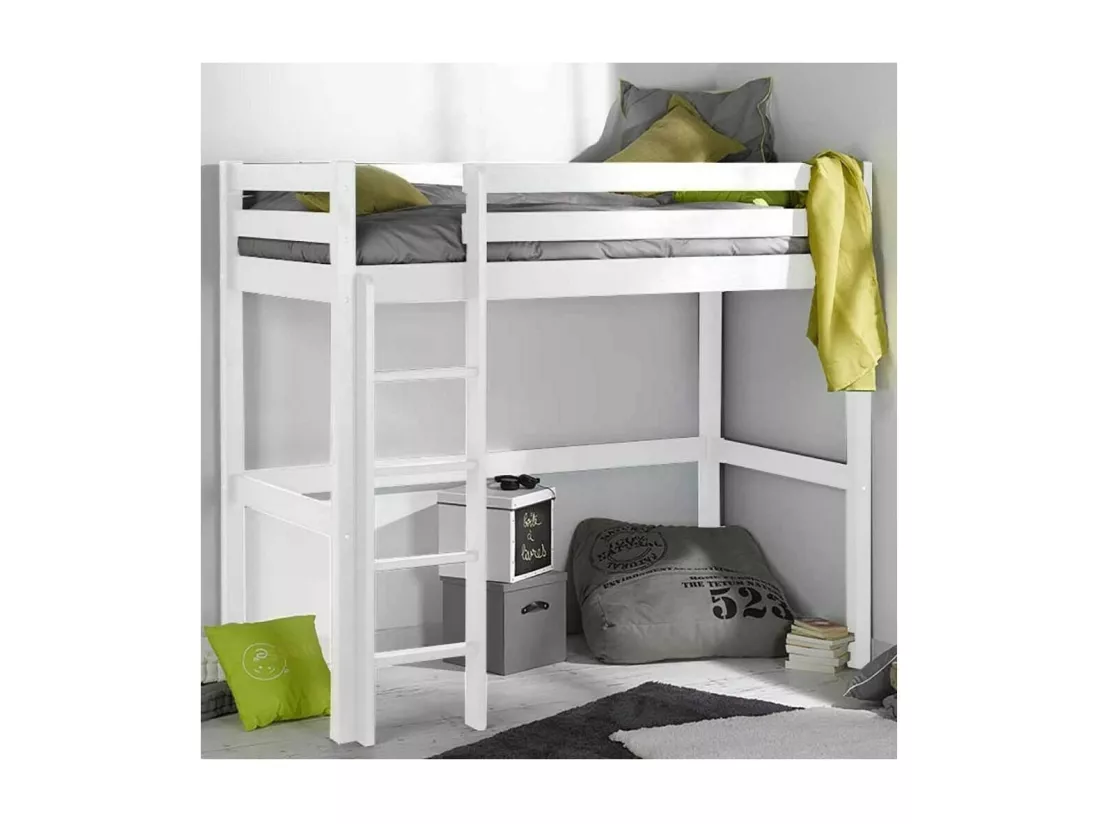 Lit mezzanine 90x190 cm bois massif blanc AARON