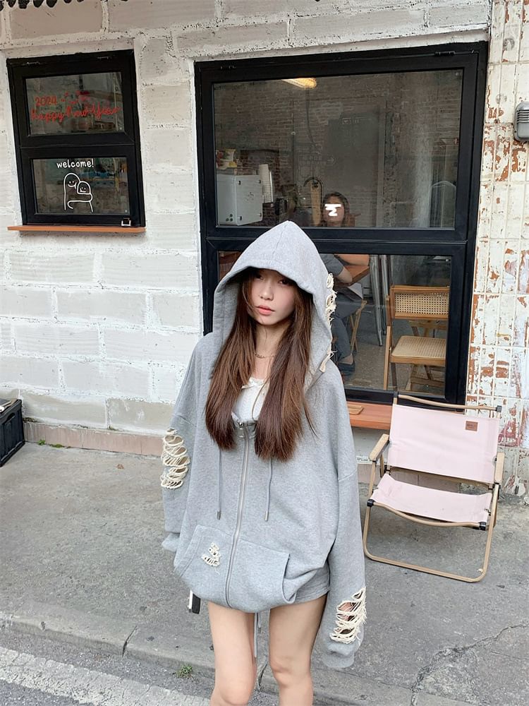 Trendycas - Effen distressed hoodie met rits / mini-kokerrok met trekkoord in de taille