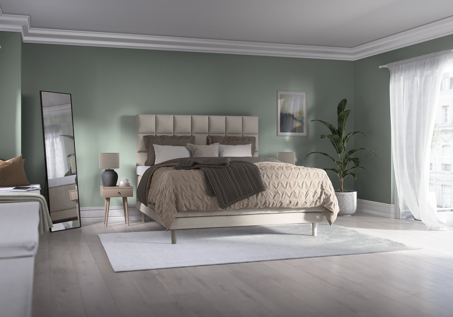 Zenon kontinentalseng Tekstil Dream Grey, Integrert overmadrass og Pinleg 19cm Oak