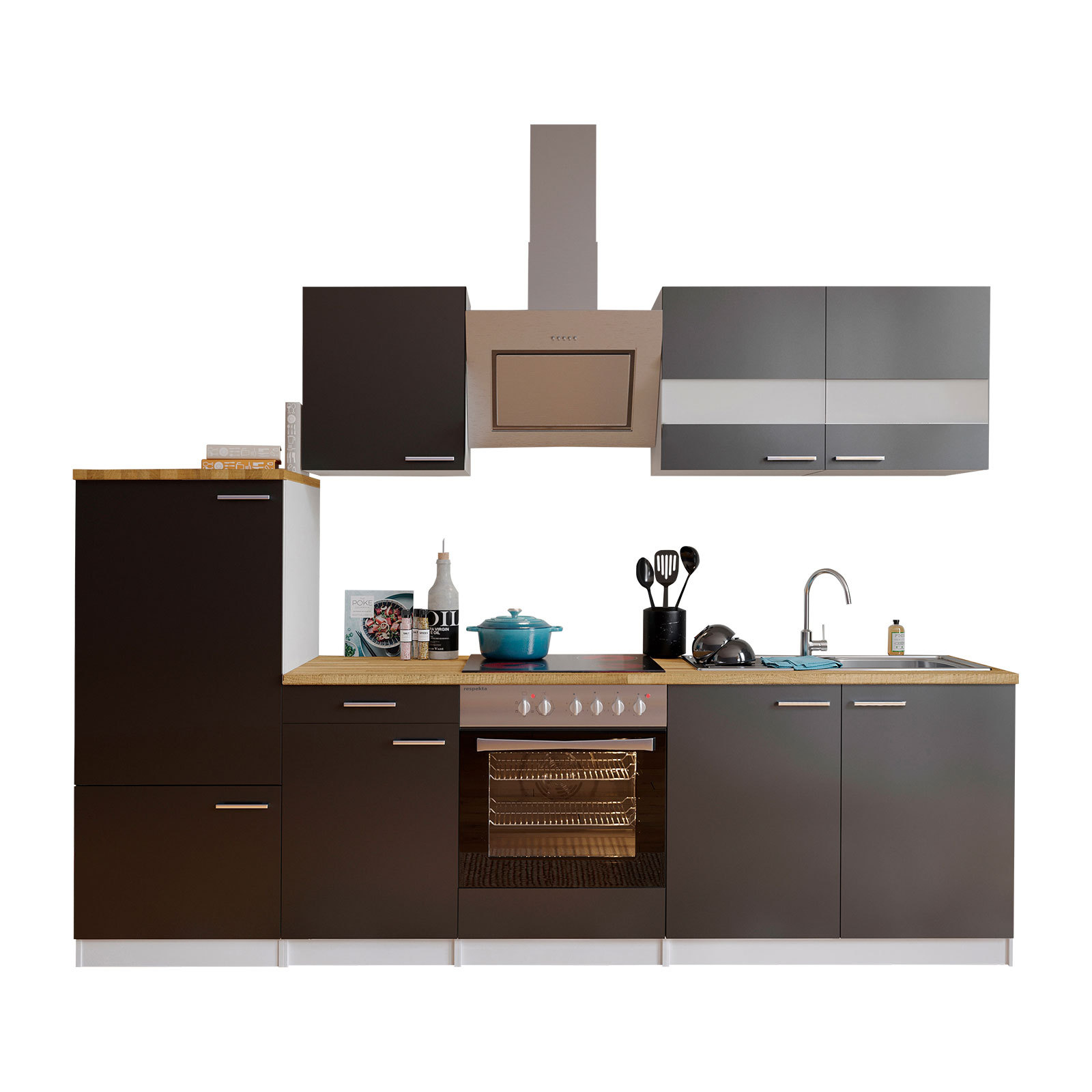RESPEKTA Küchenblock - grau-weiß - mit E-Geräten - 270 cm