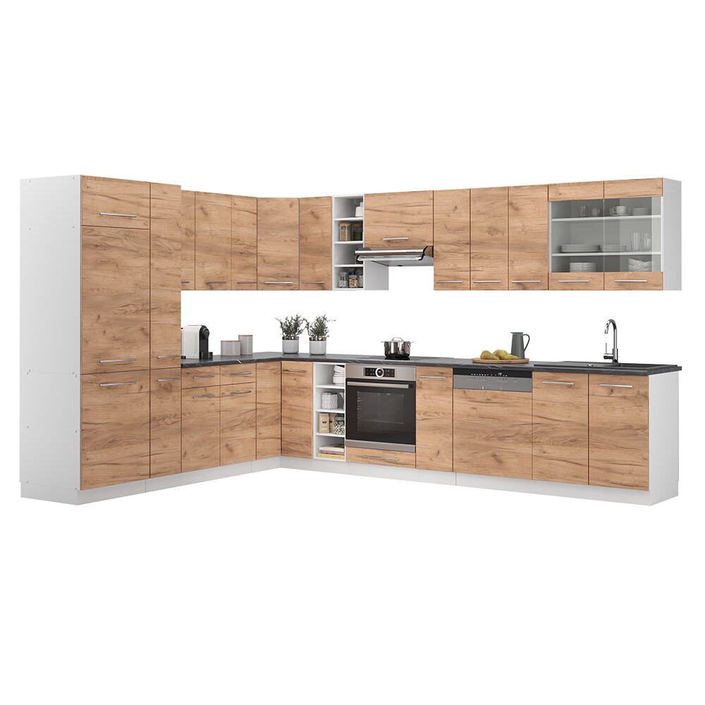 Vicco Eckküche Küchenzeile Einbauküche Fame-Line Weiß Eiche 257x347 cm modern Spülenunterschrank Unterschrank Herdumbauschrank Hängeschrank Kühlumbauschrank Apothekerhochschrank Blende