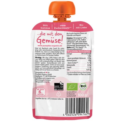 Pumpkin Organics - Bio Gemüse-Getreide-Quetschie Birne, Erdbeere, Süßkartoffel, Rote Beete, Hafer