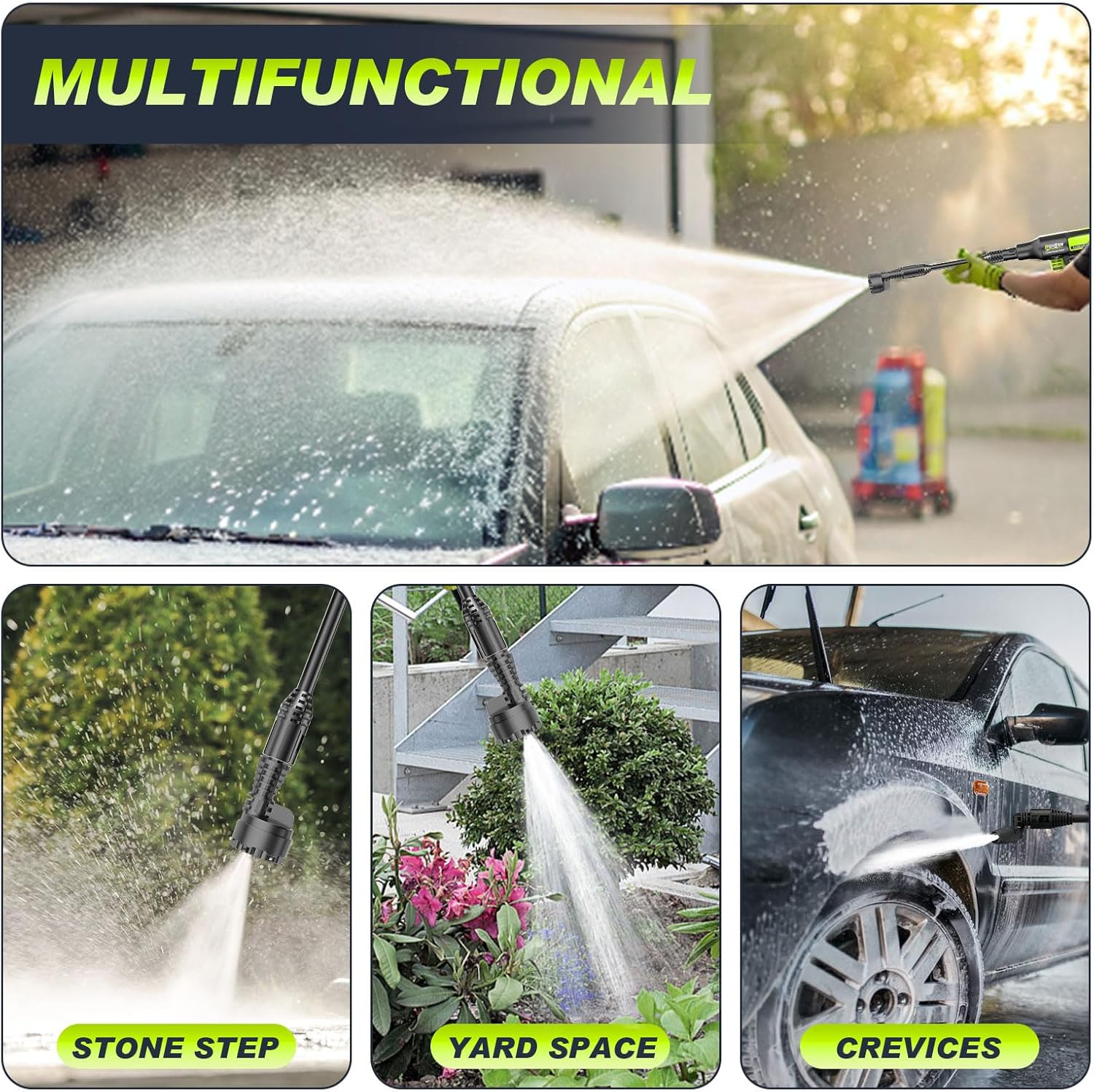 Akku Hochdruckreiniger, highsam Pressure Washer 4-Gang-Modus Max 120Bar, Druckreiniger Mobiler mit 2x4.0Ah Batterien, 6-in-1und 180° Drehbare Düse, Schaumsprüher, 5M Schlauch | Reinigung Bewässerung