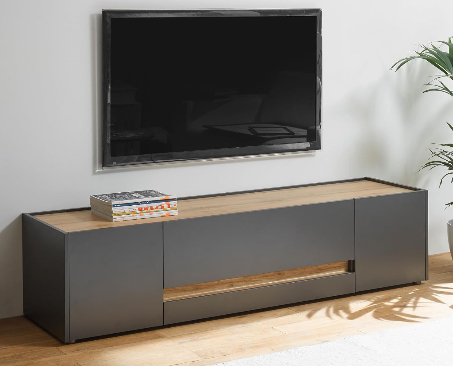 TV Unterteil Lowboard in Eiche Wotan Holz und grau matt Wohnzimmer Fernseher Schrank Mediaschrank TV-Board 170 x 40 cm Center (TV-Lowboard 2)