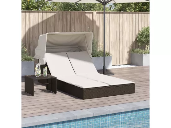 Chaise longue double avec auvent et coussins marron poly rotin