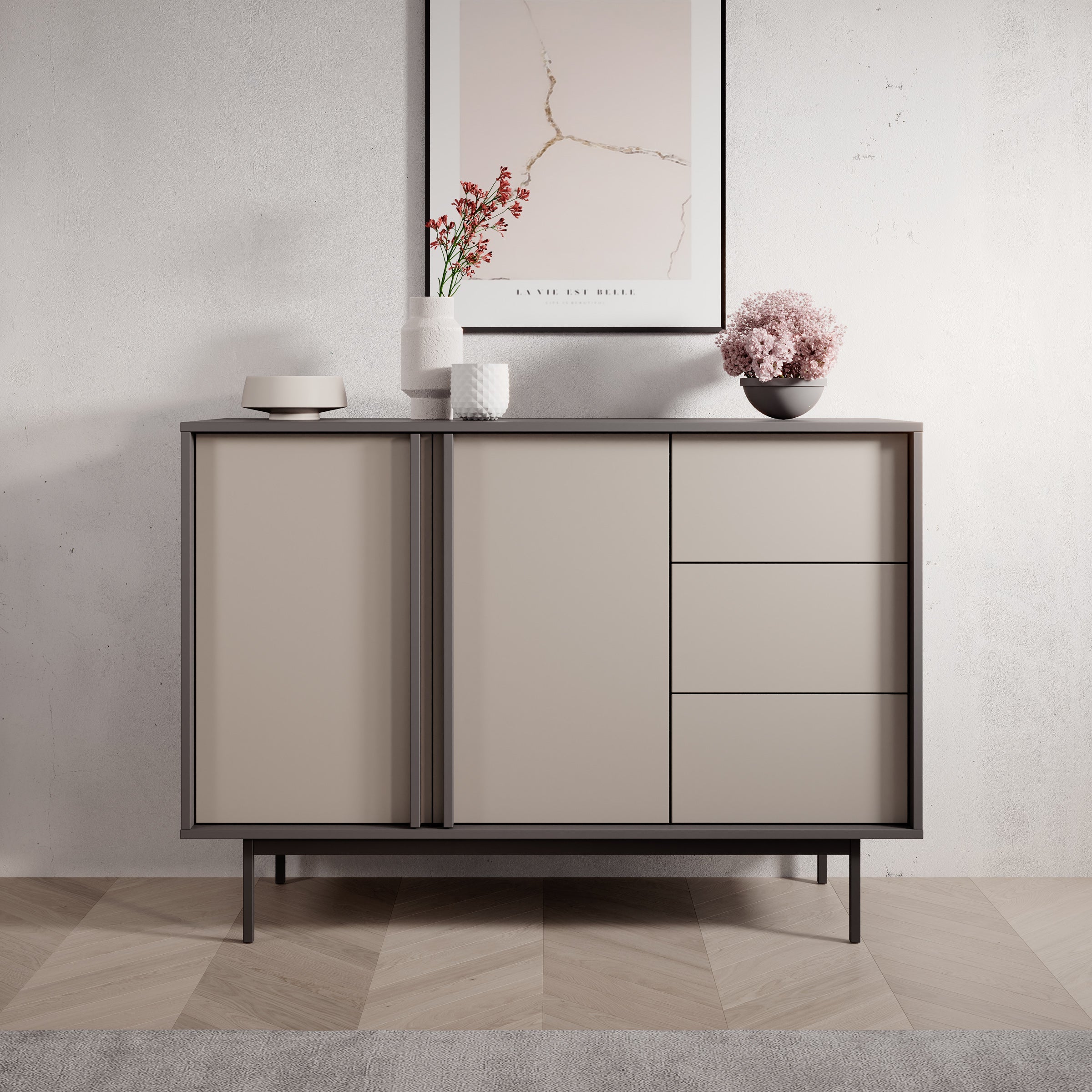 Meubella - Antigo - Dressoir - Beige|Antraciet - 123x43x87 cm