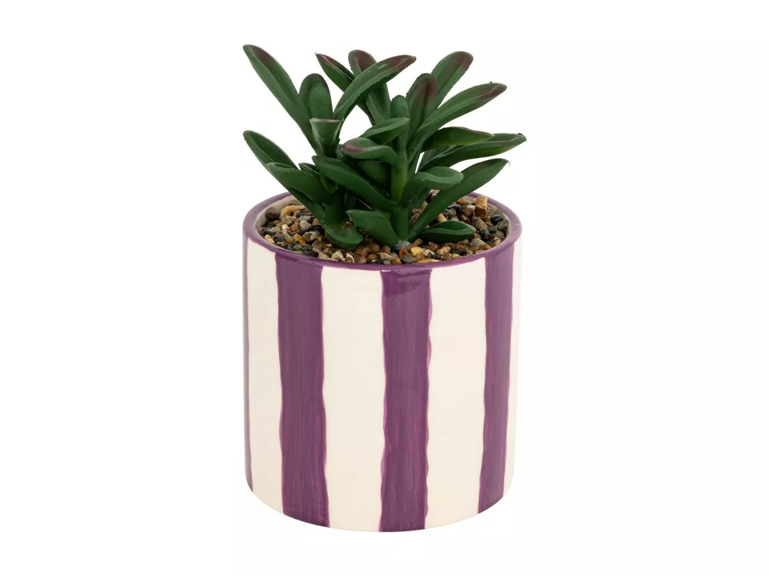 Plante grasse artificielle dans un pot en céramique à rayure mauve H 16.5 cm