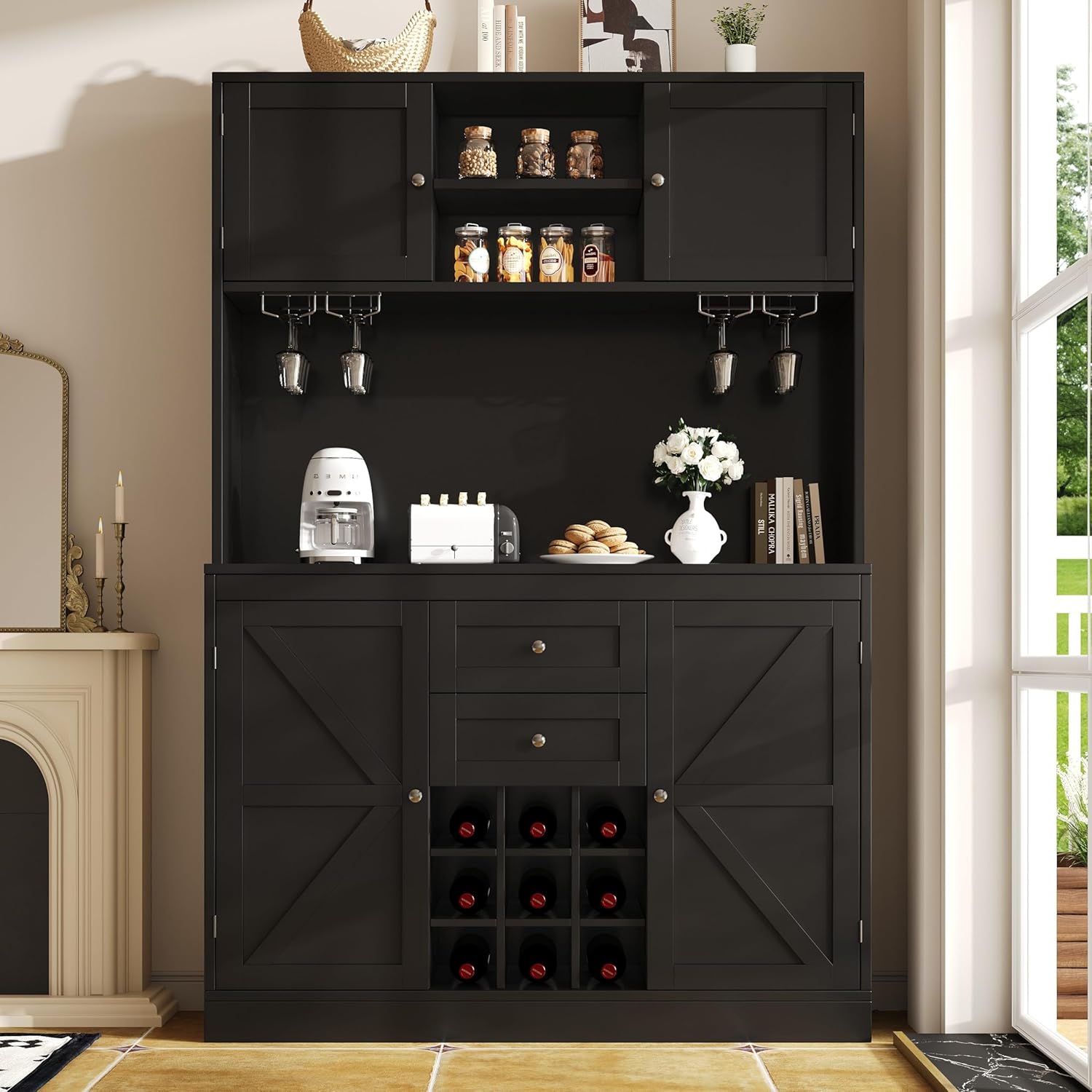 Küchenschrank mit verstellbaren Ablagen & Weinregal, Hochschrank Küchenbuffet mit 4 Türen & 2 Schubladen, Sideboard für Küche & Wohnzimmer, Buffetschrank, Schwarz