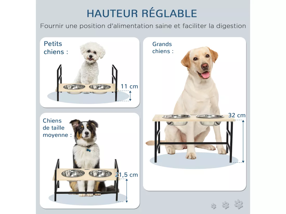 Gamelle double chien porte-gamelles surélevé réglable 2 gamelles acier inox et tapis inclus acier noir aspect bois clair