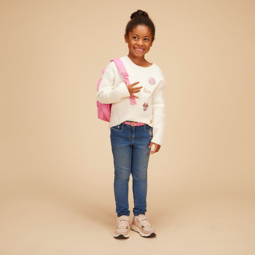 Jean slim brodé cœurs + ceinture amovible pour fille - Bleu moyen