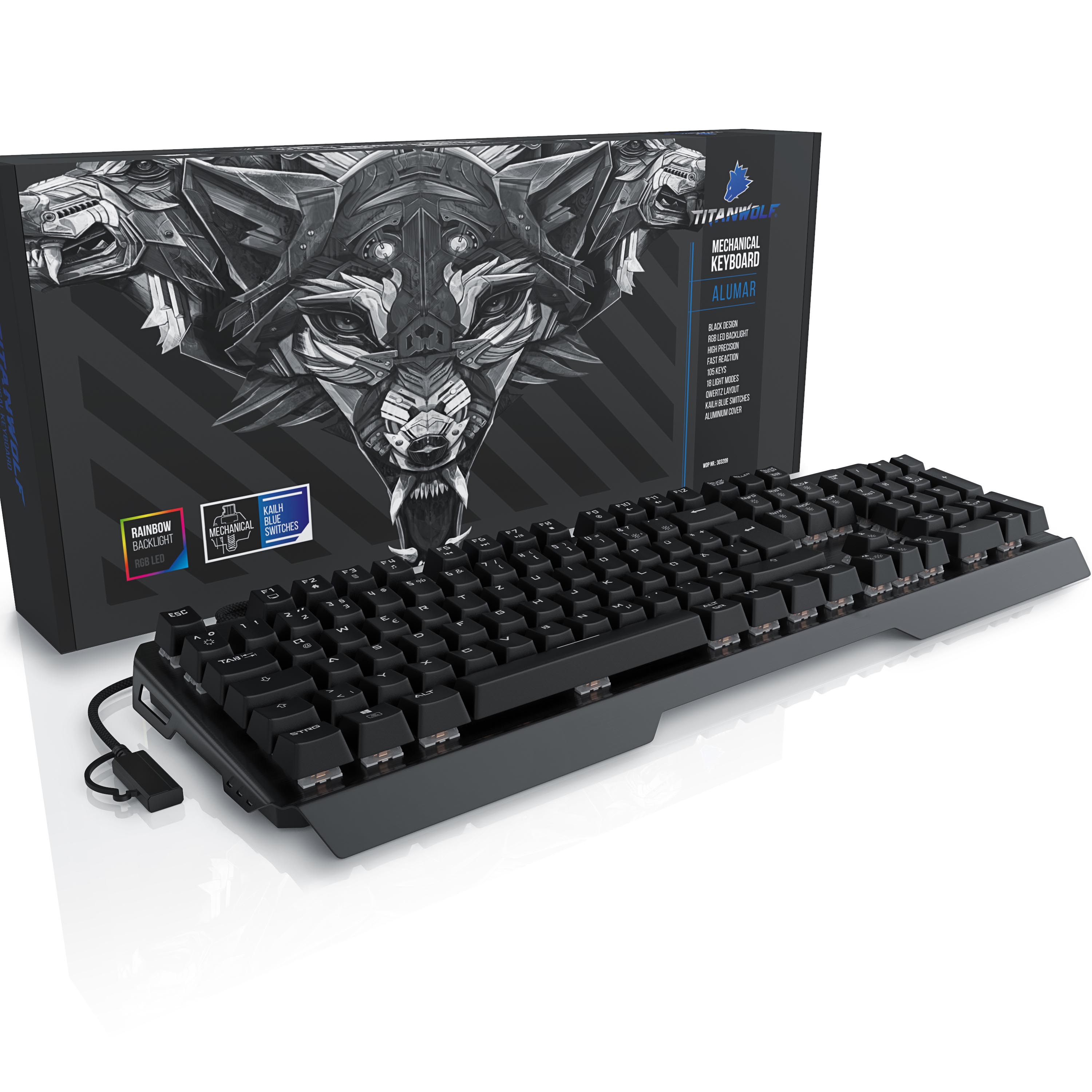 Titanwolf Gaming-Tastatur, mechanisches Keyboard, Anti-Ghosting, Kailh Blue, LED-Beleuchtung