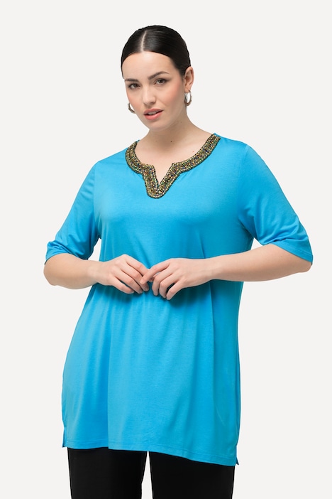 Shirt-Tunika, Stickerei, Tunika-Ausschnitt, Halbarm