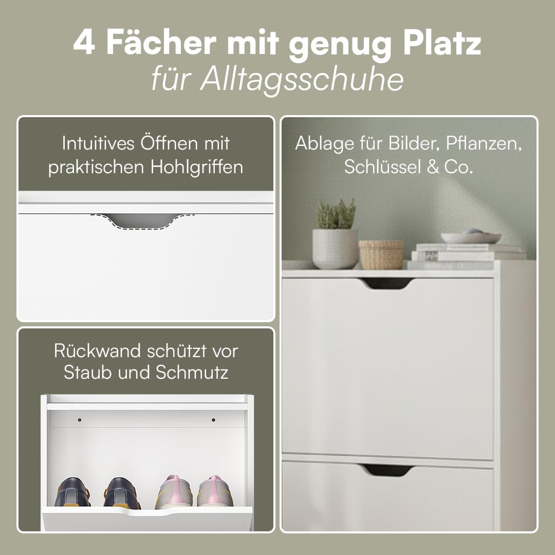 Bellamio Ceyhan Schuhschrank mit 4 Klappen – Schuhkipper weiß aus Holz – Schuhregal schmal 100x19x90cm – platzsparender Flurschrank mit 4 geschlossenen Fächern – Schuhkommode für Flur/Garderobe