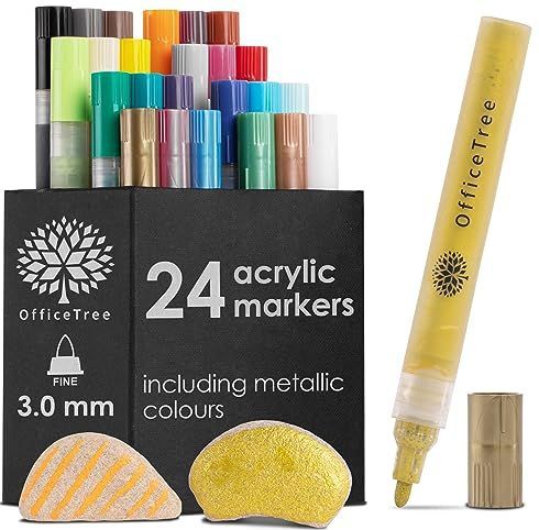 OfficeTree - 24 Acrylstiften - Inclusief 5 Metallic Kleuren - Watervaste Stiften