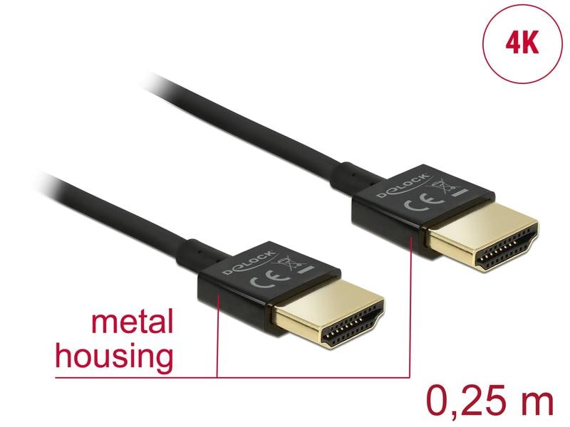Delock Kabel 4K 60Hz HDMI - HDMI, 0.25 m, Schwarz Delock Kabel High Speed HDMI mit Ethernet – HDMI-A Stecker > HDMI-A Stecker 3D 4K 0.25 m Slim High Quality