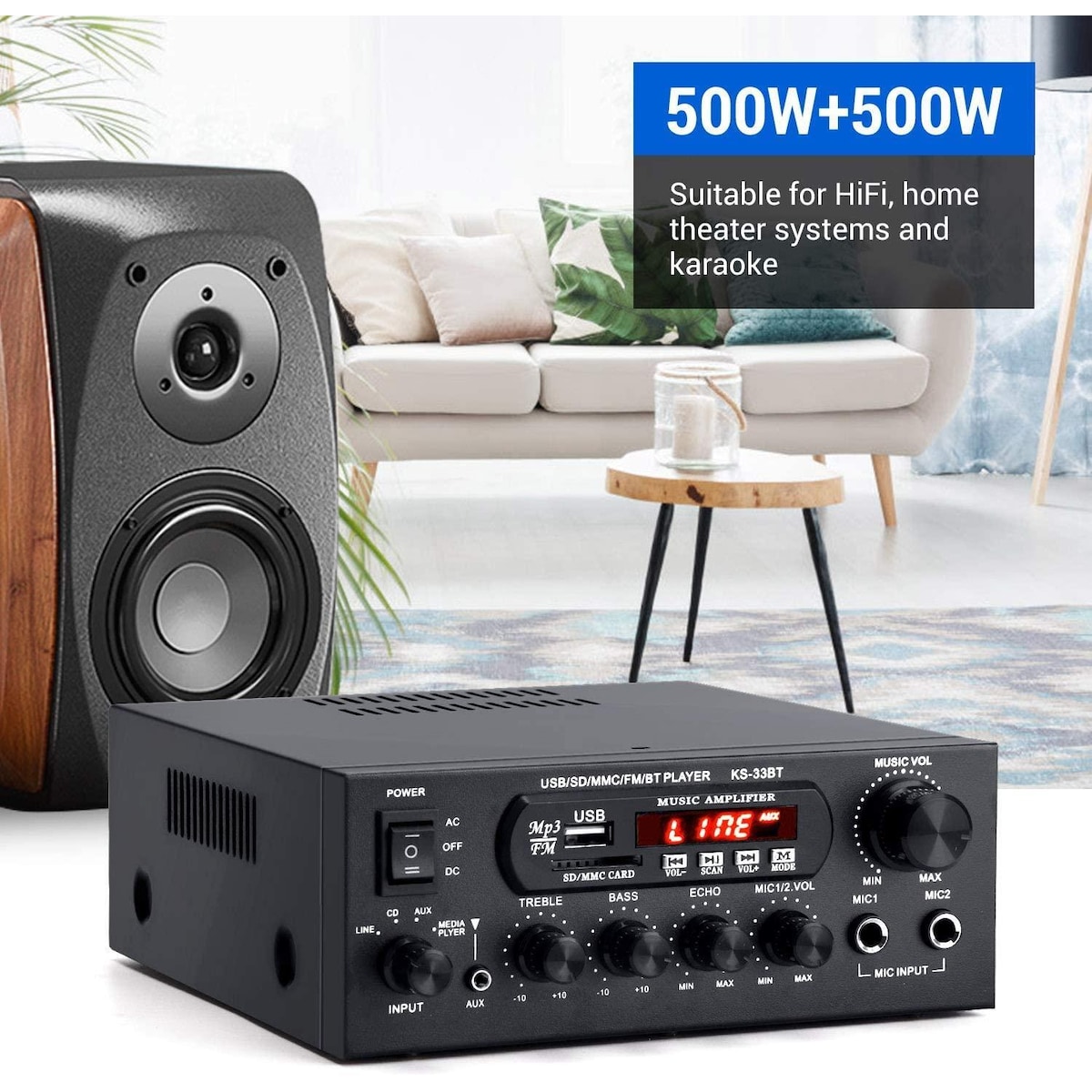 NÖRDIC Bluetooth 5.0 Stereoforsterker 60 + 60W RMS Forsterker 2 Mikrofoninngang Digital Audio Karaoke