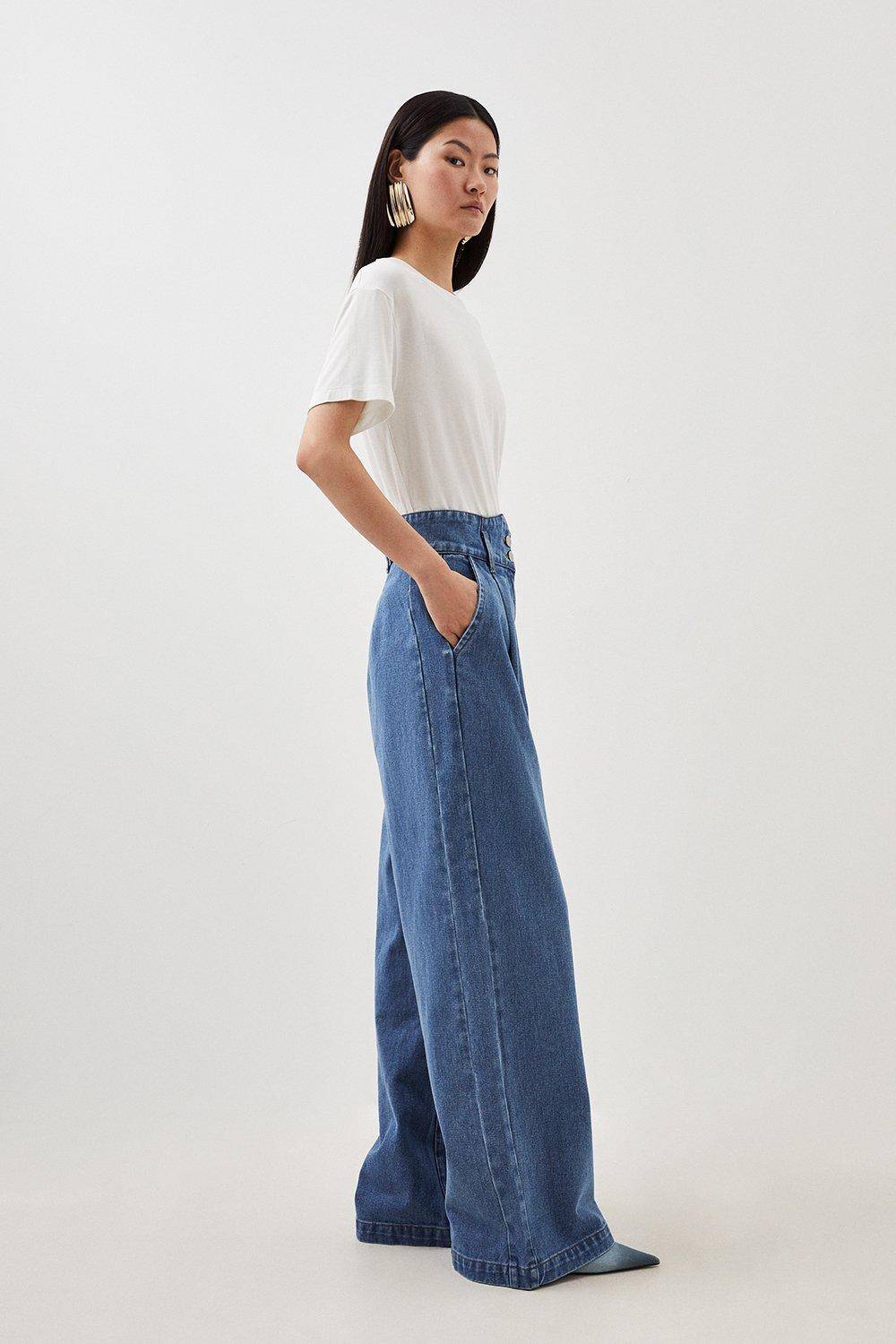 KarenMillen Pantalon en jean à jambes larges pour femmes de petite taille
