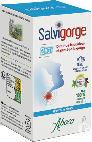 Aboca Salvigorge 2ACT Spray Sans Alcool Contre la Douleur De La Gorge Adultes Et Enfants 30ml