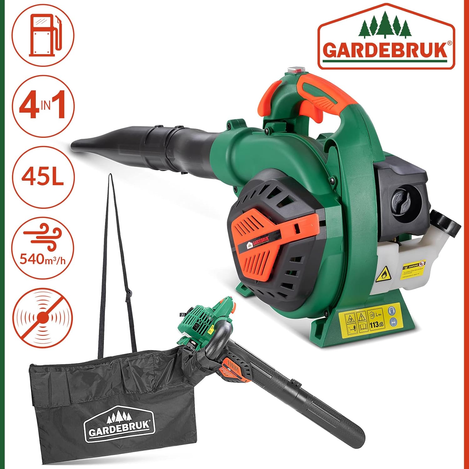 GARDEBRUK® Laubsauger 4 in 1 Benzin Blasgeschwindigkeit 68m/s Fangsack 45L inkl Werkzeug Laubbläser Häcksler Gartensauger