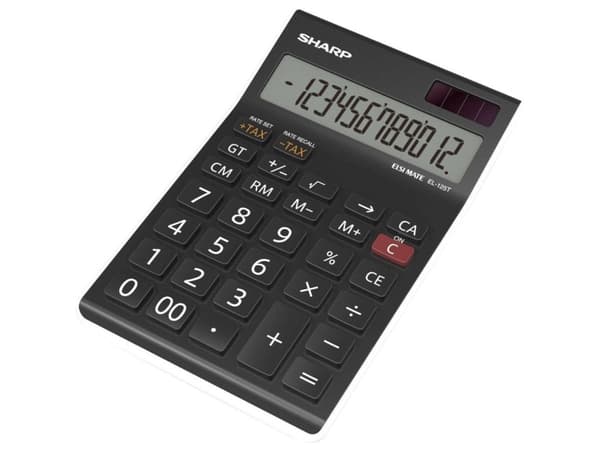 Sharp EL-125T Bordlommeregner Sort Display (indstil): 12 solcelle-drift, Batteridrevet (B x H x T) 112 x 13 x 176 mm