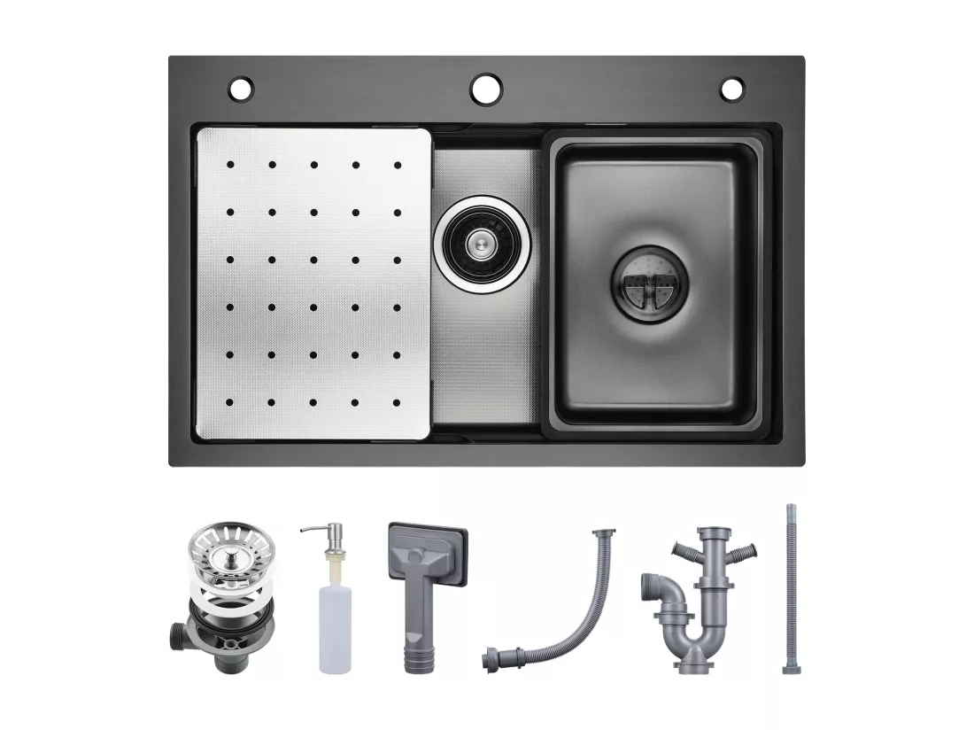 Cecipa max Évier 1 Bac 70×45 CM Noir avec Egouttoir, Vasque et Distributeur de Savon + Mitigeur Rabattable Noir Robinet Pliable Mitigeur Sous Fenêtre
