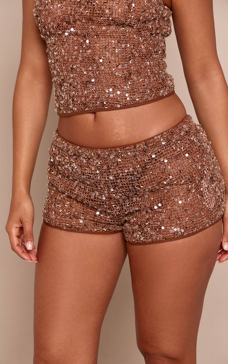 Chocolat Short Taille Basse À Sequins Texturés Petite - Ensemble Coordonné