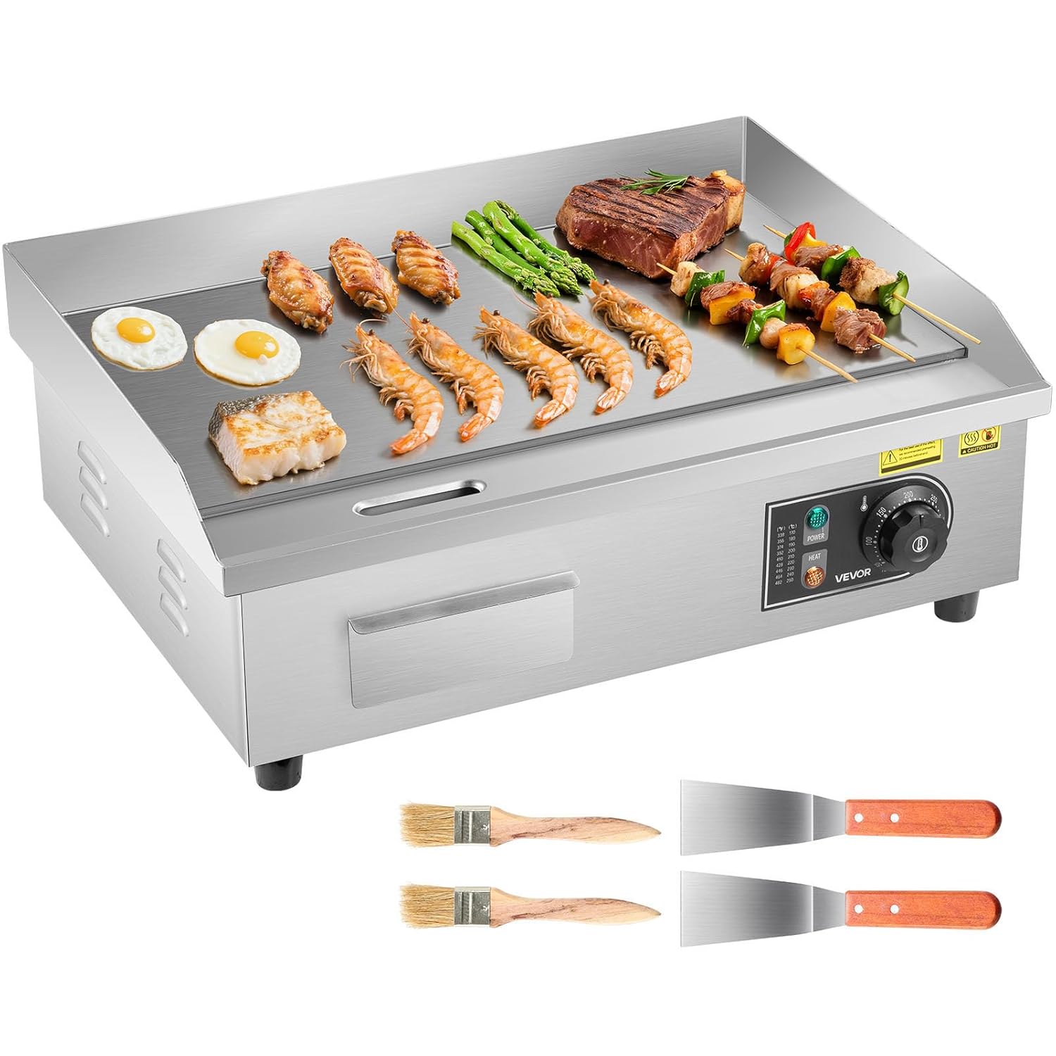 VEVOR Elektrogrill gewerbliche Grillplatte (535 x 300 mm) 3200 W mit 50-300 °C einstellbarer Temperaturregelung, Bratplatte Griddleplatte mit 2 Spachteln & 2 Bürsten & 4 Fußpolstern für Steak