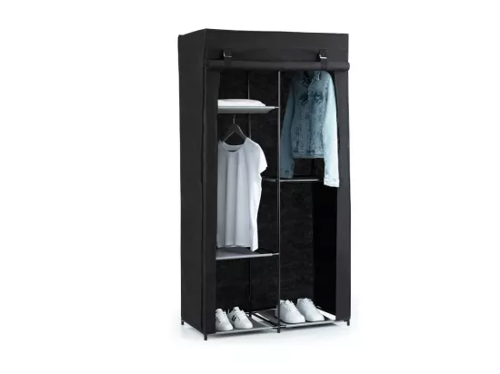 Armoire modulable avec 2 penderies et 5 tablettes en tissu et métal - Noir - H 169 x L 88 x P 46 cm