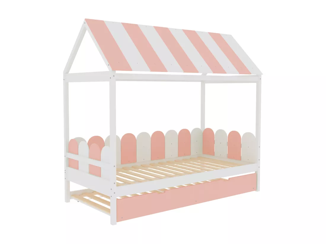 Lit gigogne cabane 2 x 90 x 190 cm avec toit et barrières - bois massif - rose + blanc