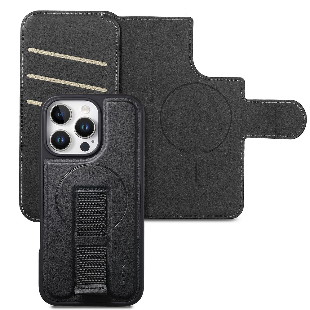 iPhone 16 Pro MagSafe Leder Case Schutzhülle mit Finger Griff Halterung   Abnehmbare Tasche inkl. Kartenfächer (RFID Schutz) - Schwarz