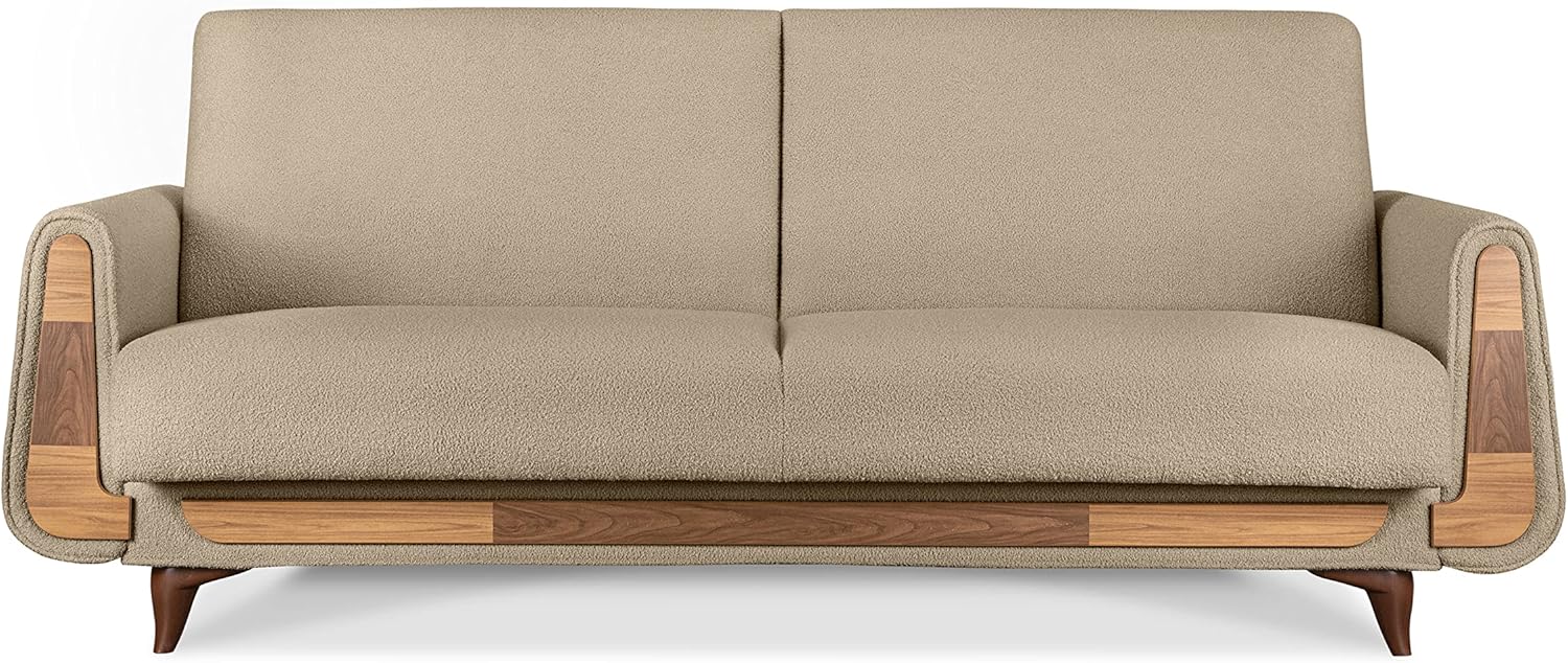 konsimo Gustavo Sofa mit Schlaffunktion - Komfortabel und Praktisch Schlafcouch mit Bettkassen - Tagesbett 220 cm - Couch 4 Sitzer für Wohnzimmer, Jugendzimmer - Boucle Beige