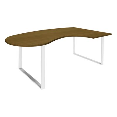 Bureau LOFTER Manager arrondi - retour à droite - L200 cm - Plateau imitation noyer - Pied blanc (Pied de renfort obligatoire à rajouter - non inclus)