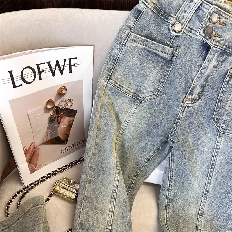 Happo - Mid Waist Washed Flared Jeans