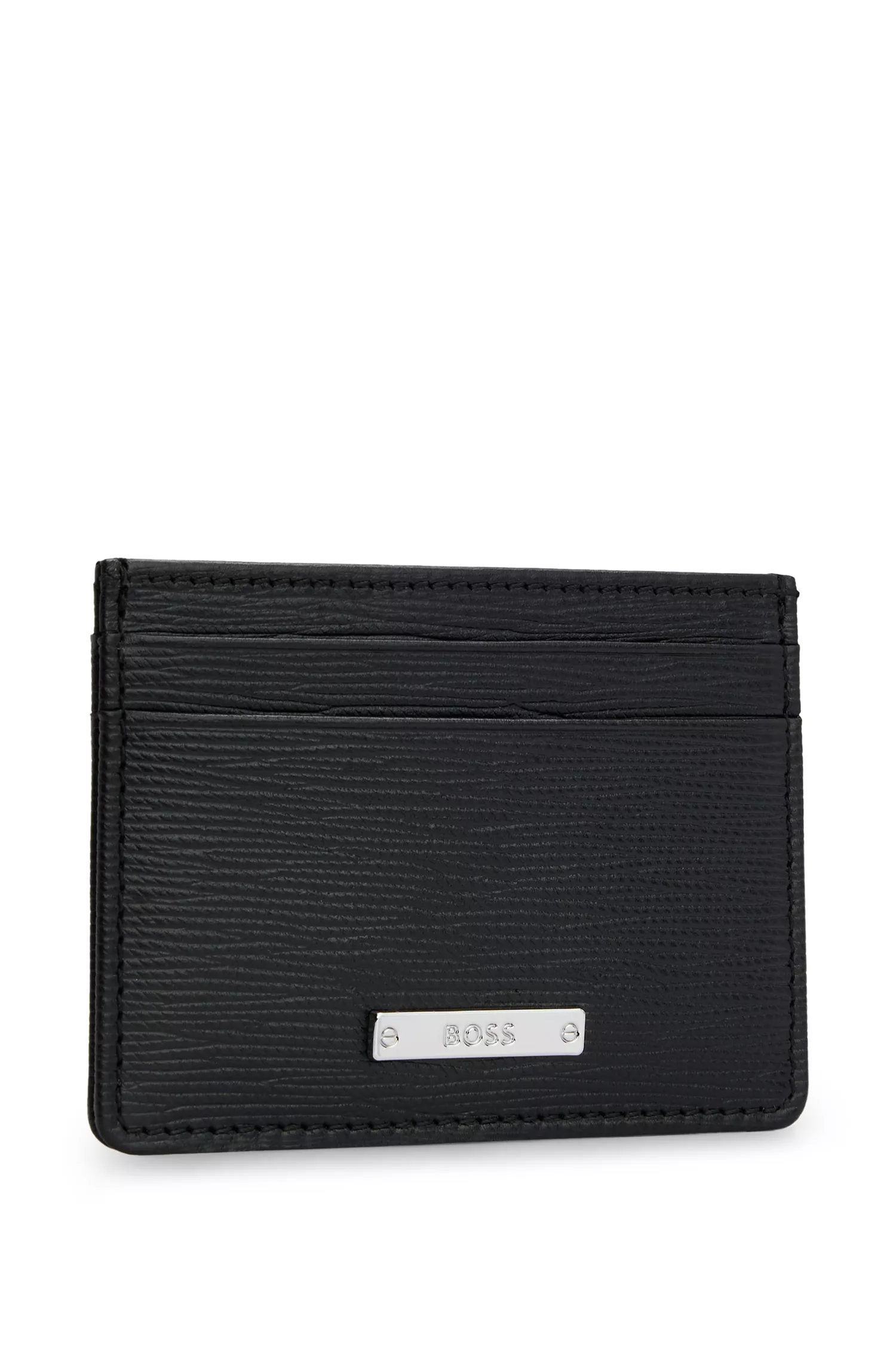 Porta-cartões BOSS em couro preto texturizado com placa com o logotipo.