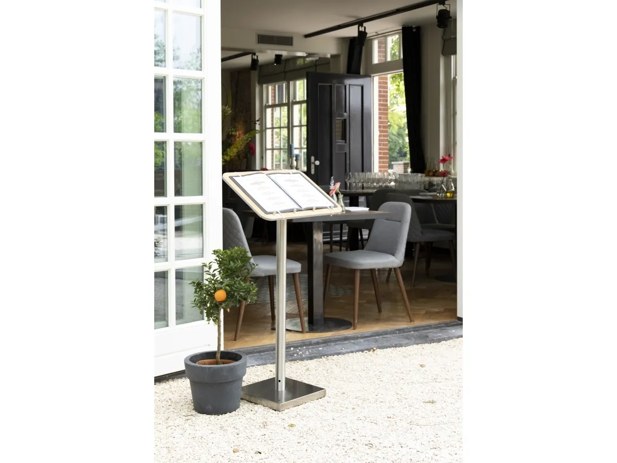 Securit® MENU STAND i rustfrit stål og teak