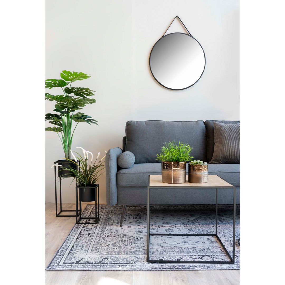 Trapani spiegel met zwarte leren band. 2 x 60 x 60 cm