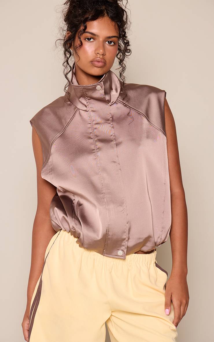Noir Gilet Sans Manches En Satin Violet Clair À Col Montant