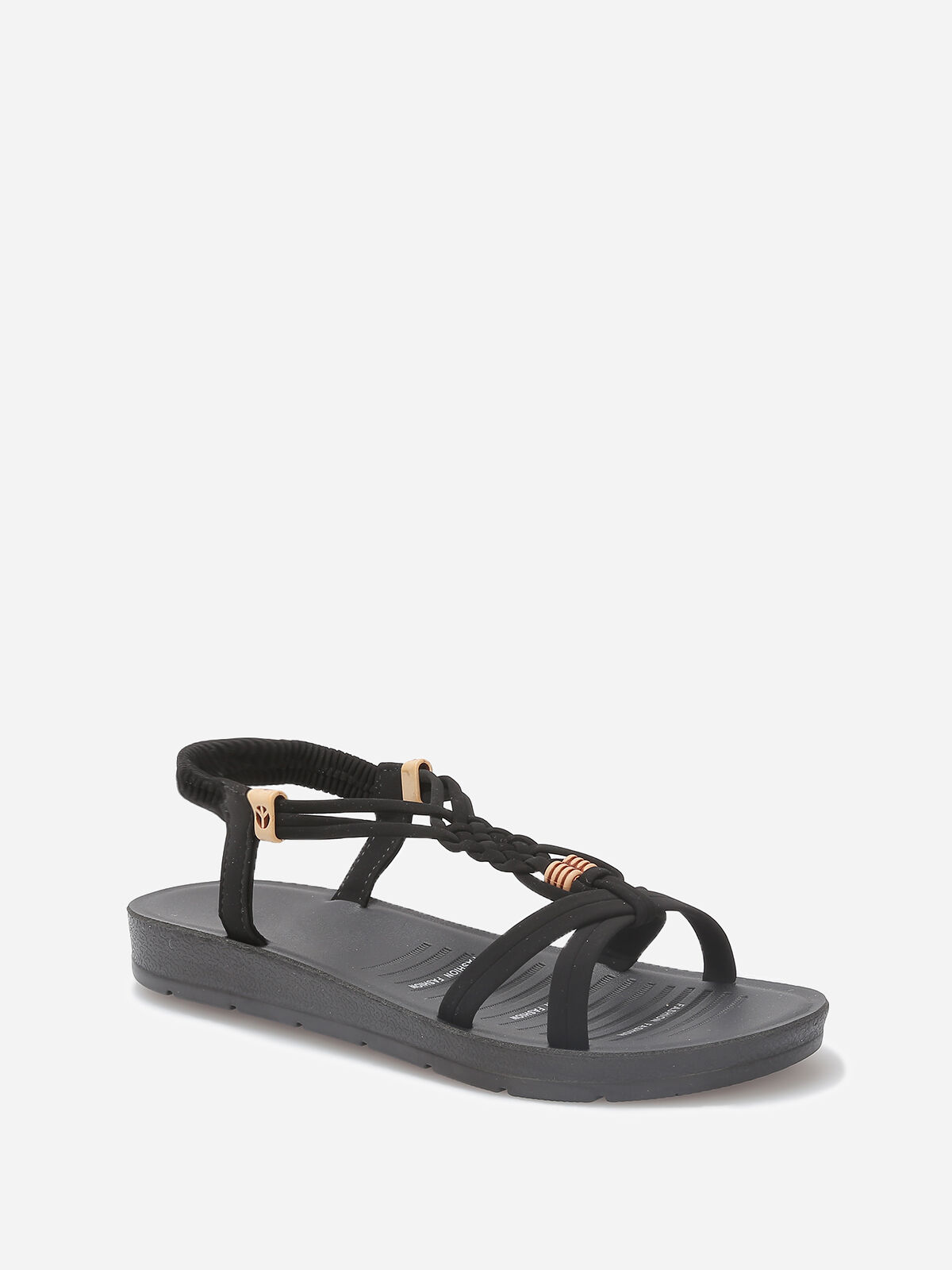 Sandales à brides tressées et perles bois- Noir