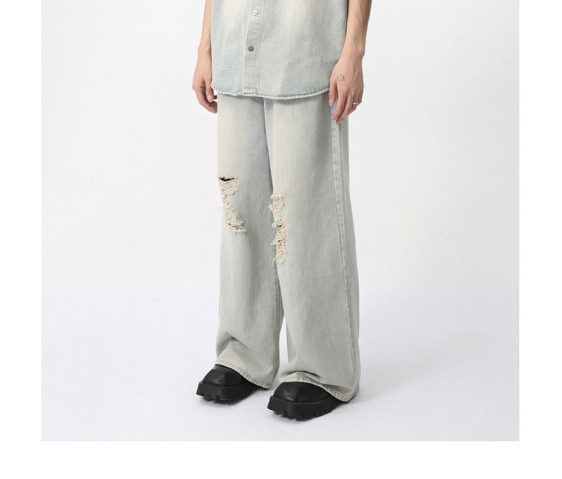 FAERIS - Gewassen denim overhemd met korte mouwen en kraag / Jeans met wijde pijpen en middelhoge taille