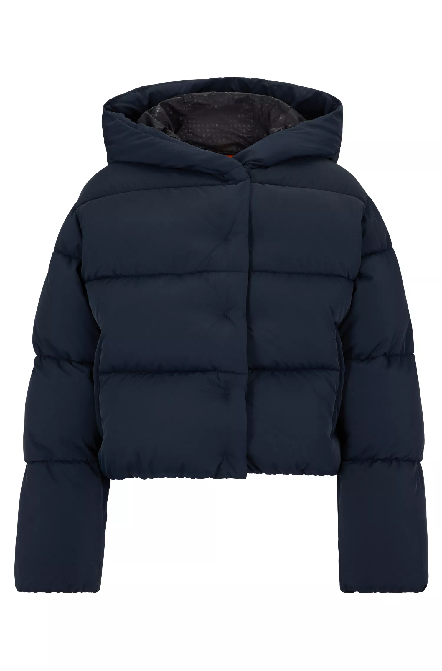 Jaqueta puffer preta com capuz da BOSS, em tecido texturizado com forro exclusivo.