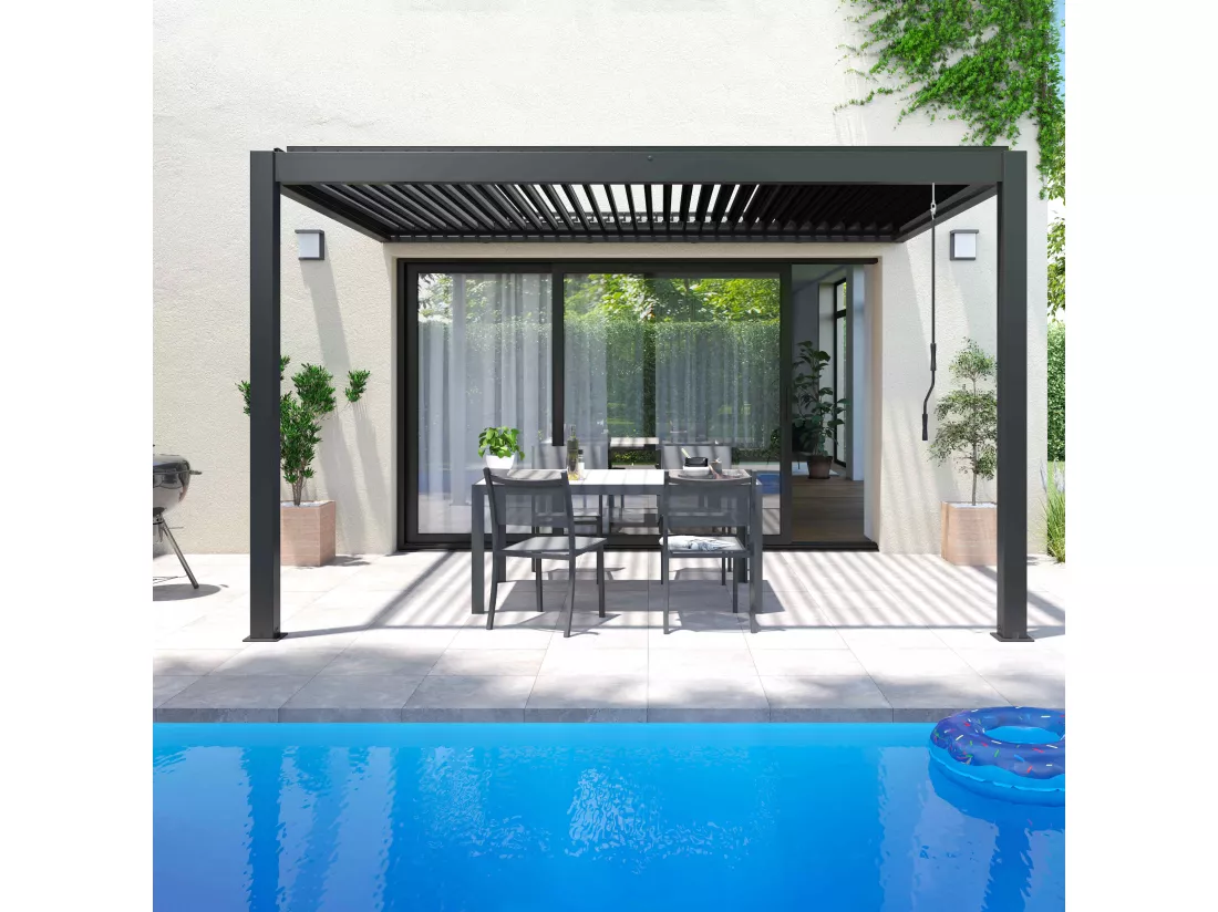 Pergola bioclimatique adossée 3x4m et 1 Store 3,73 x 2,34 m