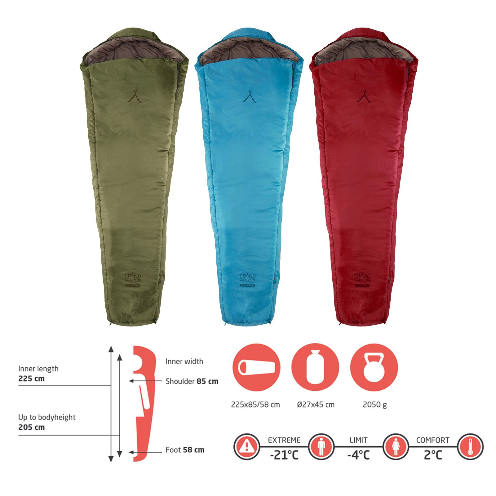 Winter Mumien Schlafsack 3 Jahreszeiten Lang Grand Canyon Fairbanks 205 XL -21°C Farbe: Red Dahlia
