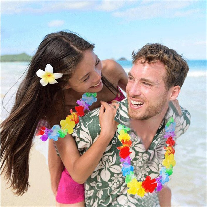 (8-tlg. Set) Fasnachts Erwachsenen Kostüm Hawaii Blumen Hula Rock Verkleidung für Sommer Motto Partys inkl. Brille - Gelb / Rot