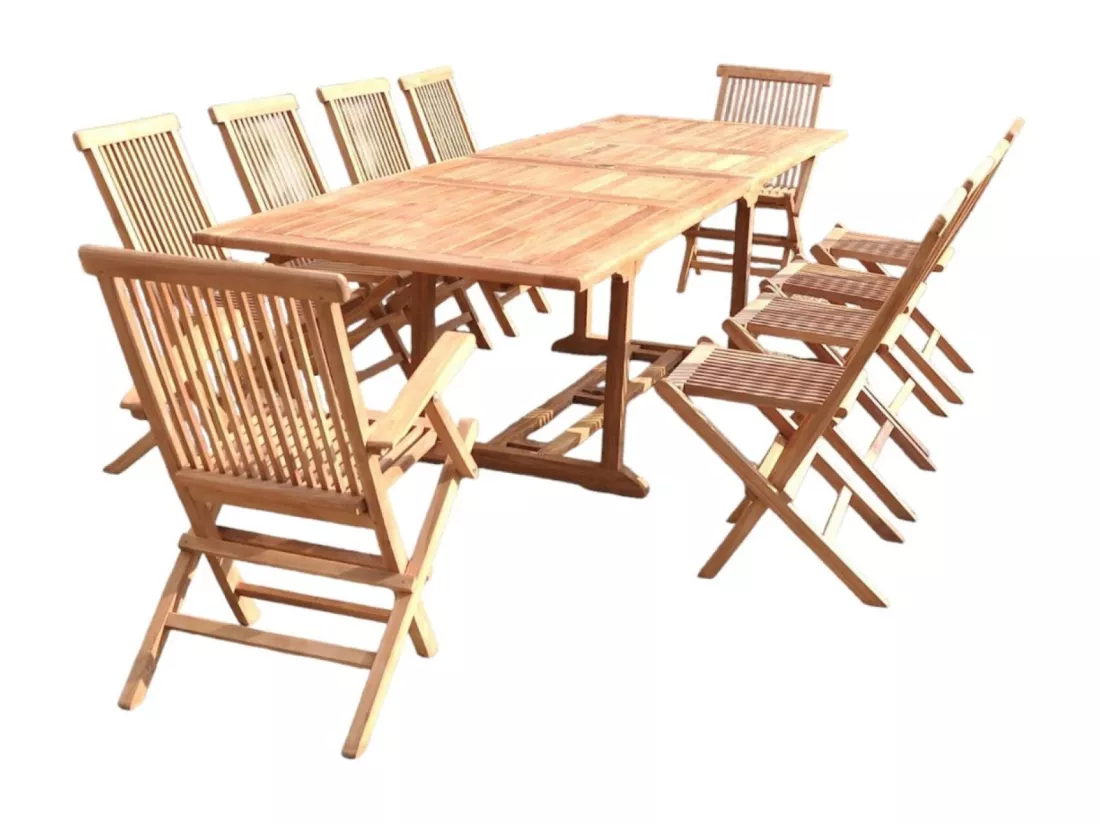 Salon de jardin Teck massif 10-12 personnes - Table rectangulaire + 8 chaises + 2 fauteuils KAJANG