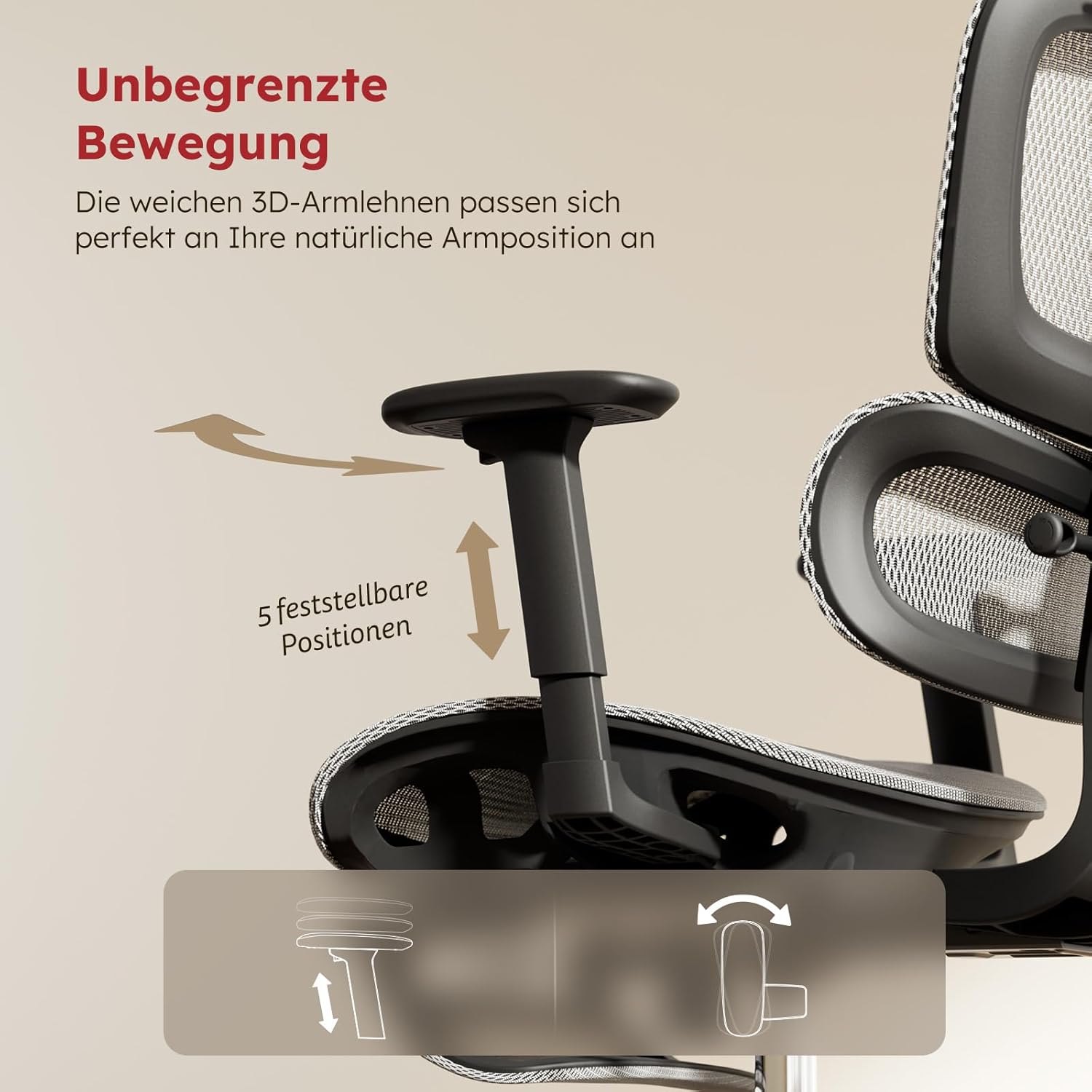 Ergonomischer Bürostuhl Voll-Mesh mit Abnehmbarem Kissen, Fußstütze, Höhenverstellbarem Rückenlehne, Kopfstütze & Armlehnen, Selbstanpassende Lendenstütze, PU-Rollen, 360° Drehbar, 150 kg , Hellgrau