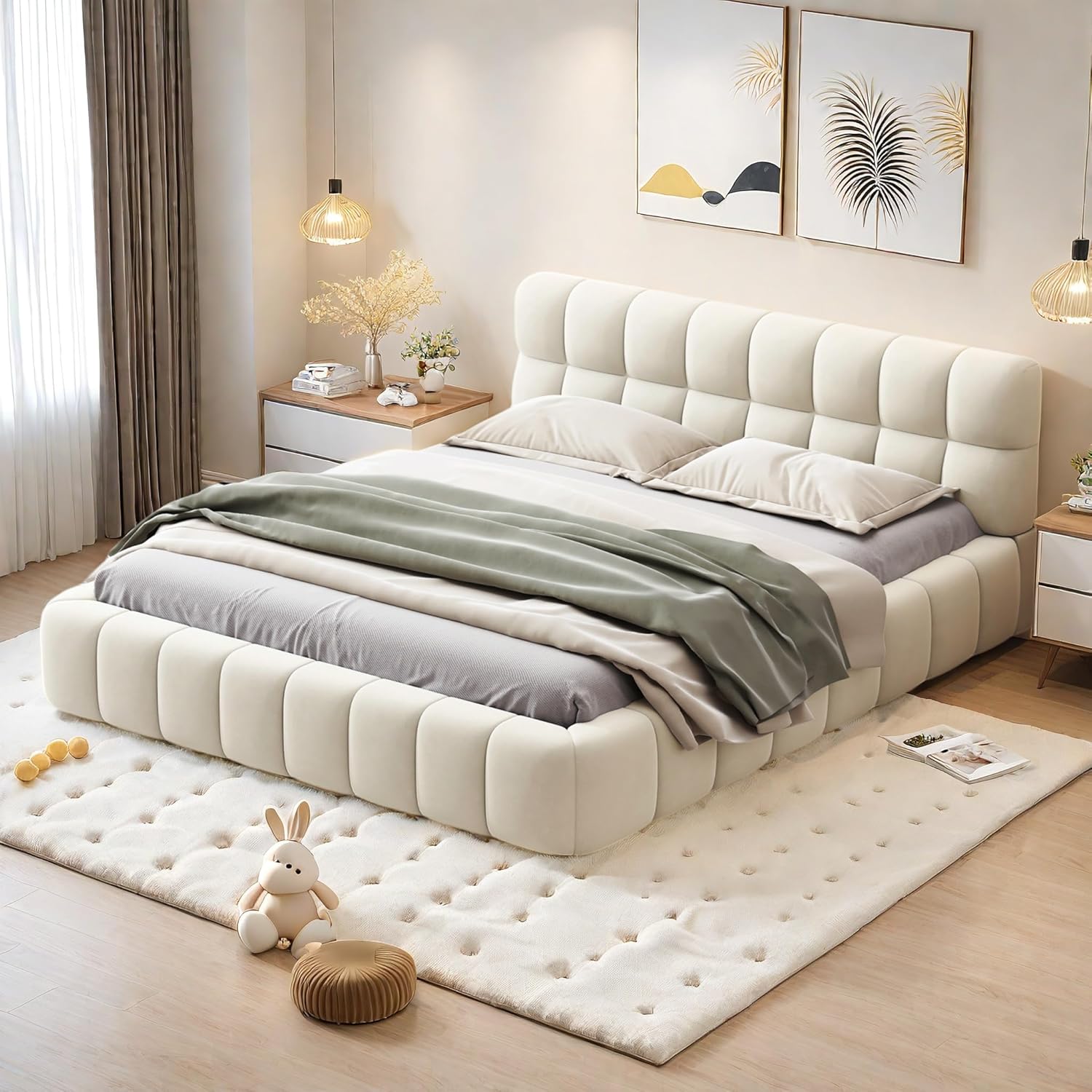 Polsterbett Bubble Bett 140x200cm Doppelbett mit Lattenrost und weicher Rückenlehne Jugendbett Flachbett Bettgestell, Leinen, ohne Matratze (Beige, 140 * 200)