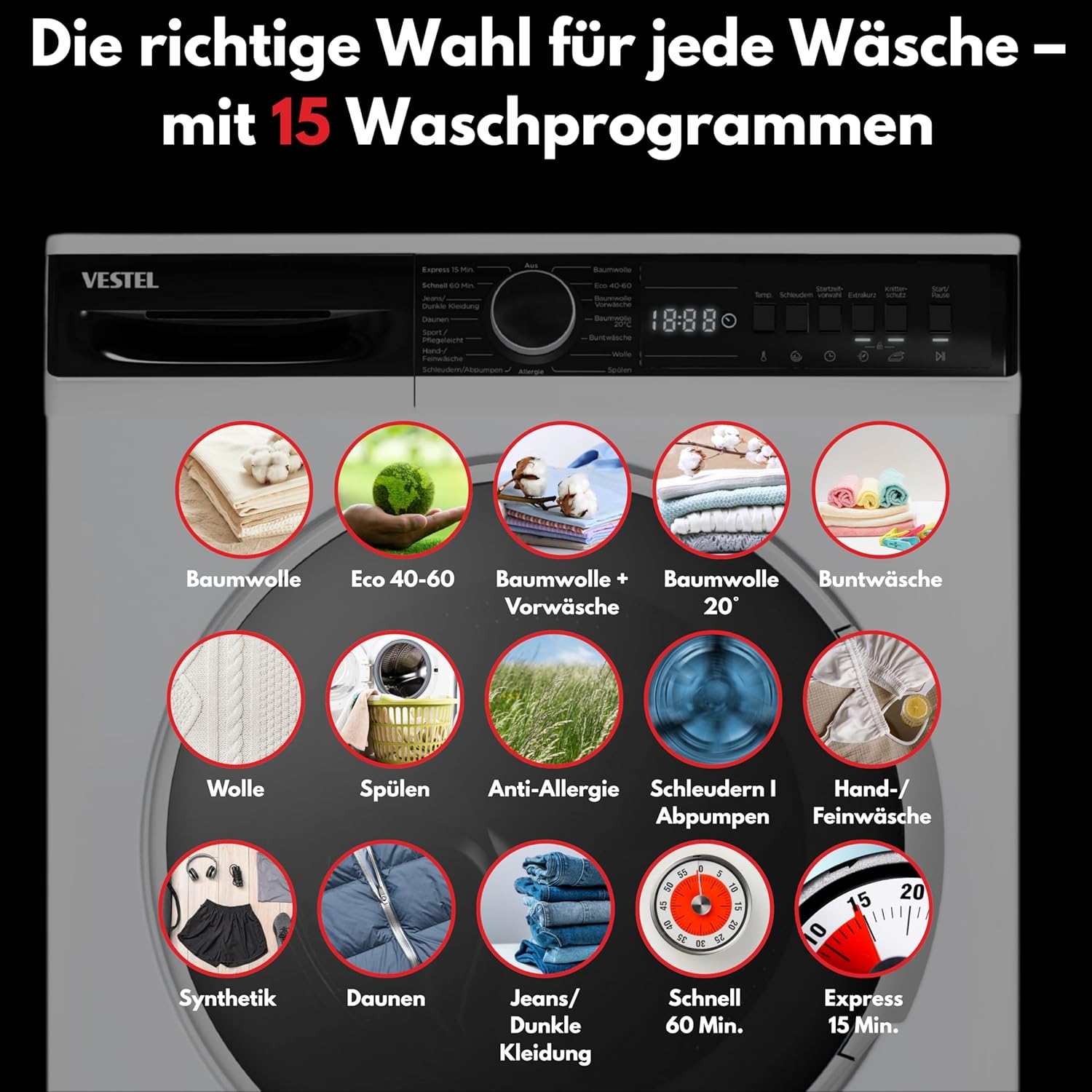 VESTEL VG-WFT2843WA Waschmaschine Frontlader/A / 8 kg / 1400 U/min/Adanced Inverter Motor / 15 Programme inkl. 12 min Kurzprogramm/AquaStop/Weiß